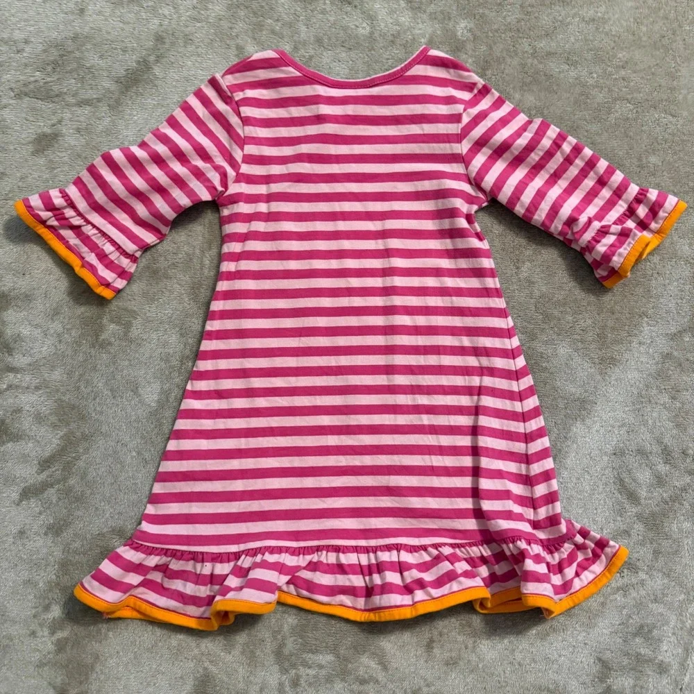 Classic Whimsy Girls Pink Striped Pumpkin Applique Ruffle Fall Dress 3T